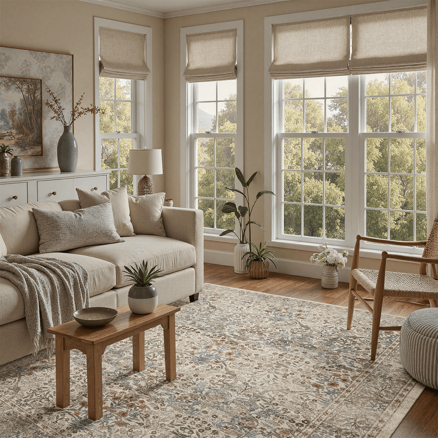 5x7 Area Rug, Machine Washable Non Slip Stain Resistant Soft Vintage Floral Rug, for Living Room, Dining Room, Soft Low Pile Large Carpet-Beige