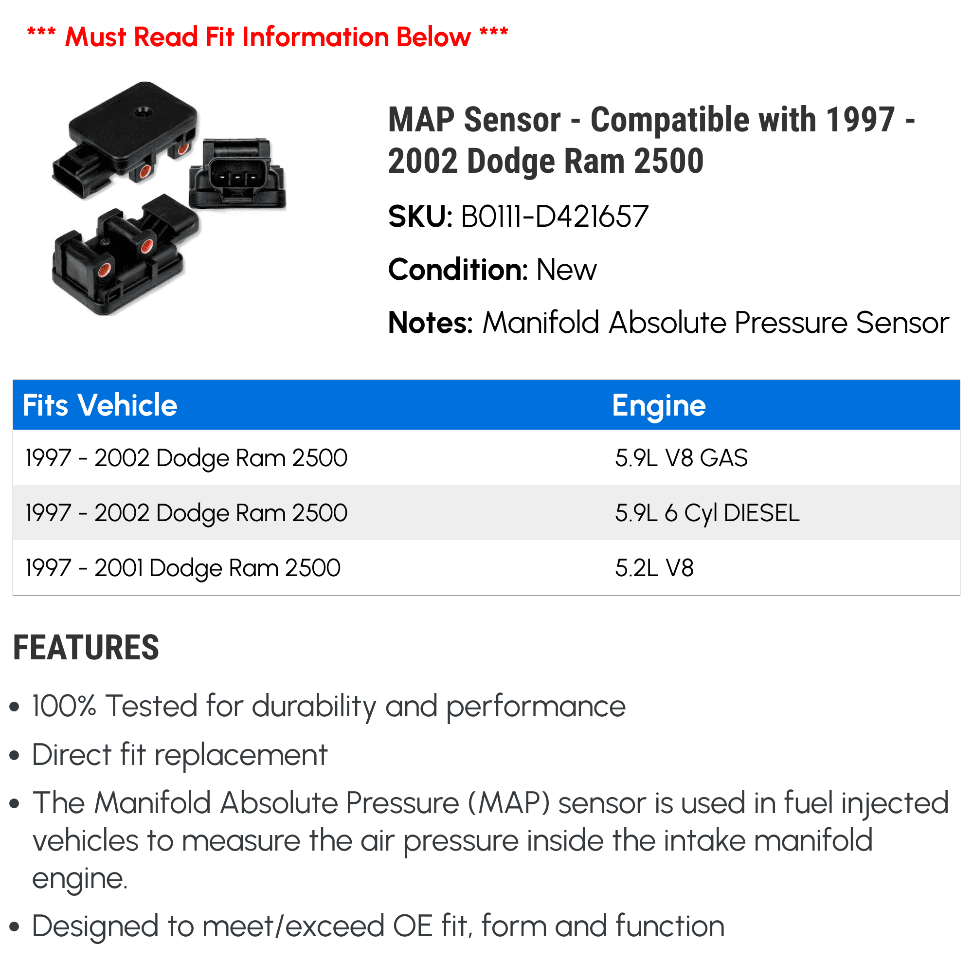 MAP Sensor - Compatible with 1997 - 2002 Dodge Ram 2500 1998 1999 2000 2001