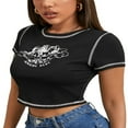 thumbnail image 4 of Women Angel Print T-Shirts Short Sleeve  Neck Contrast Stitch Crop Tops, 4 of 7