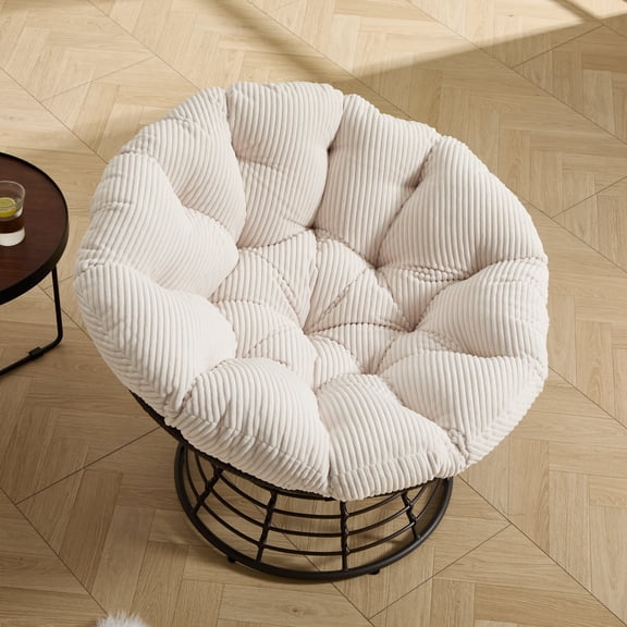 Comfortable Ergonomic Wicker Papasan Chair, 360° Swivel Indoor Outdoor Rattan Chair with Soft Thick Cushion, Ideal for Living Room, Bedroom, Reading Room, Brown Frame with White Cushion