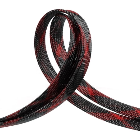 THTGDW-Braided Cable Sleeve 33ft Expandable Wire Loom for Automotive Wiring Harness & PC Case Pet-Proof Chew Resistant Cord Protector Flexible Cable Management (Black-Red 10mm (3/8 ))