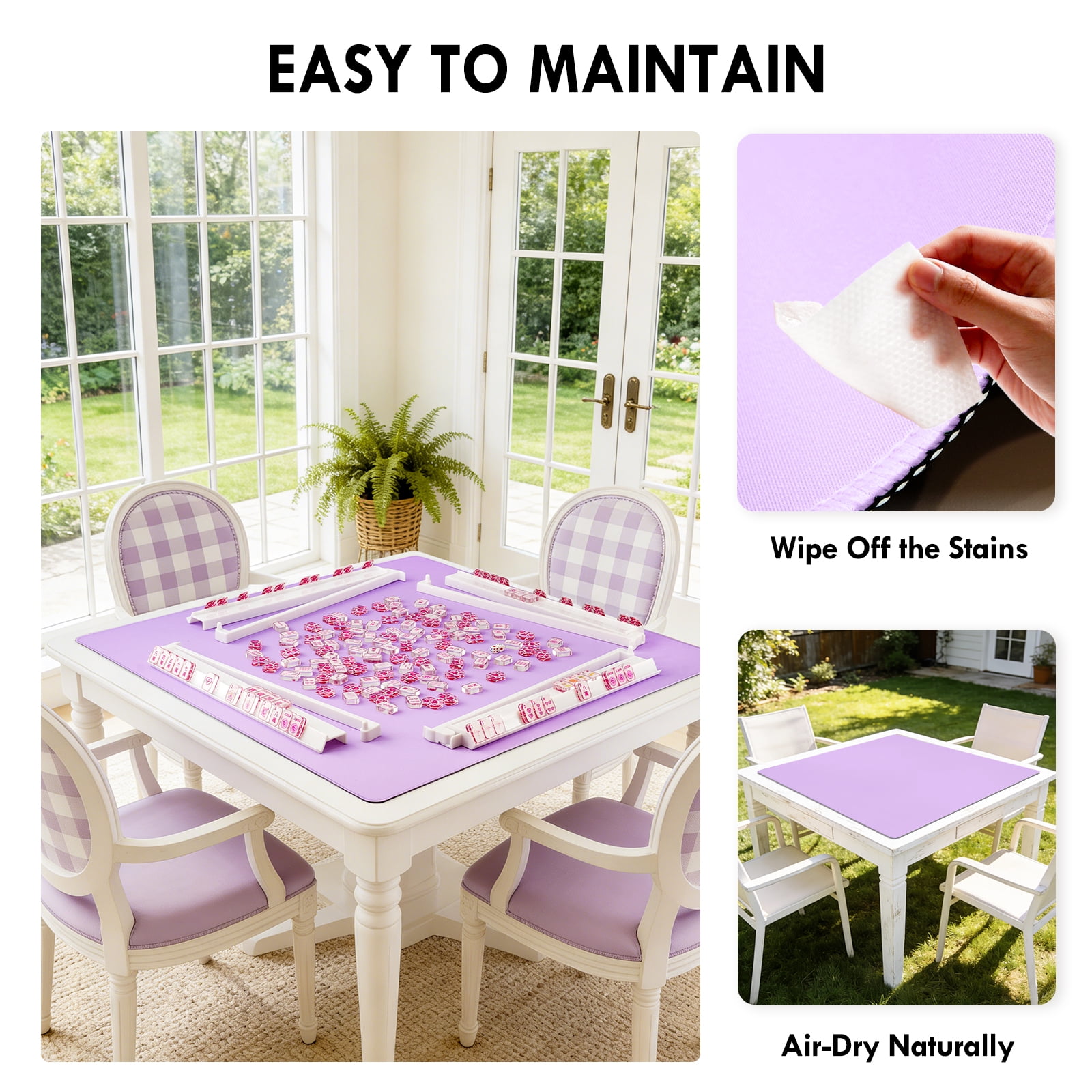 Crease-Defying Ever-Flat Mahjong Mat | Noise-Reducing Anti-Slip Pad for Mahjong, Poker & Dominoes with Velvet Bag - Macaron Purple