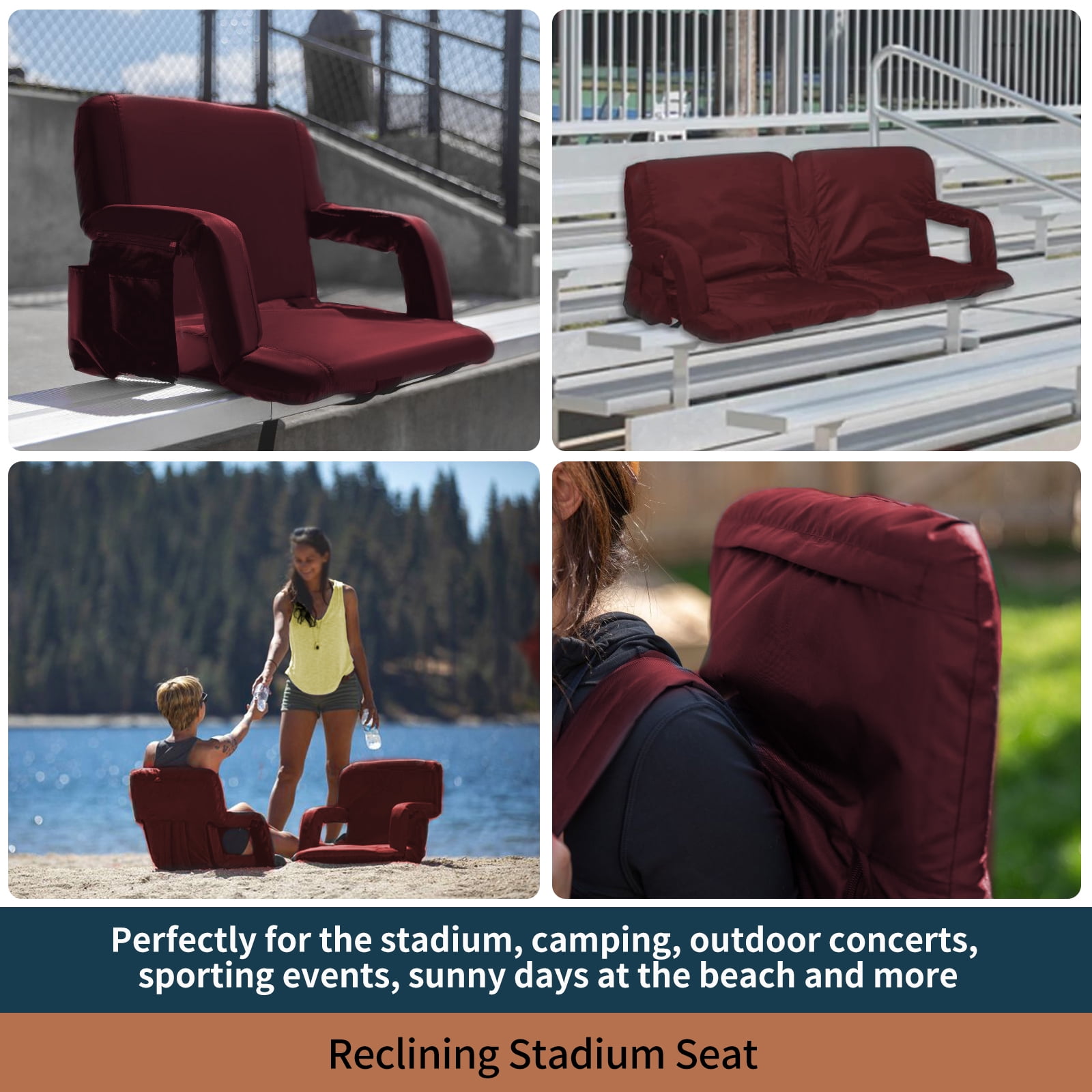 Seamander Large Size Foldable Stadium Chair for Bleacher Padded Back Support, Burgundy