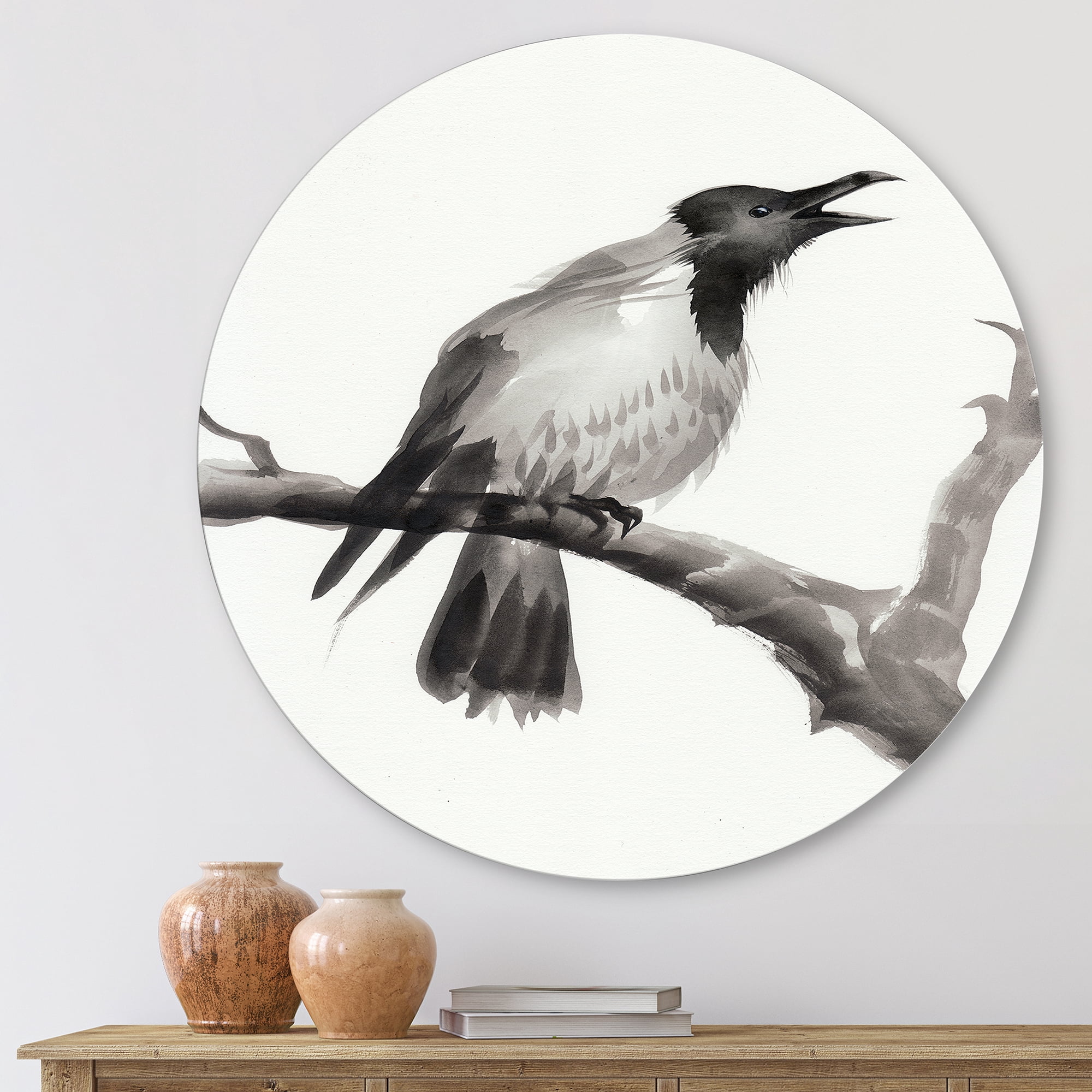 Monochrome Crying Crow On A Branch 11 in x 11 in Painting Art Prints, by Designart