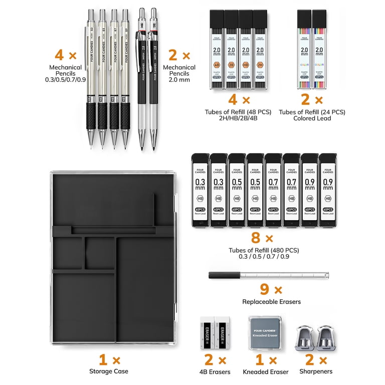 Four Candies 27PCS Art Mechanical Pencil Set with Case, 4PCS Metal