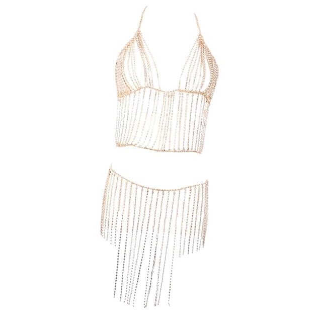 Crystal Tassel Halter Bikini Set Mujeres Beach Jewelry Body Chain Sets Gold Sunnimix Conjunto de cadena de cuerpo de tirantes de borla