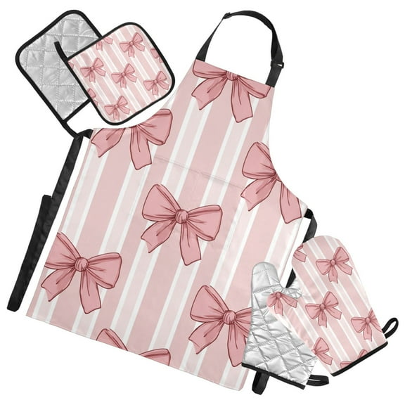 Pink Stripes Bows Apron Set with Oven Mitts Pot Holders Set of 5 Kitchen Stuff Accessories