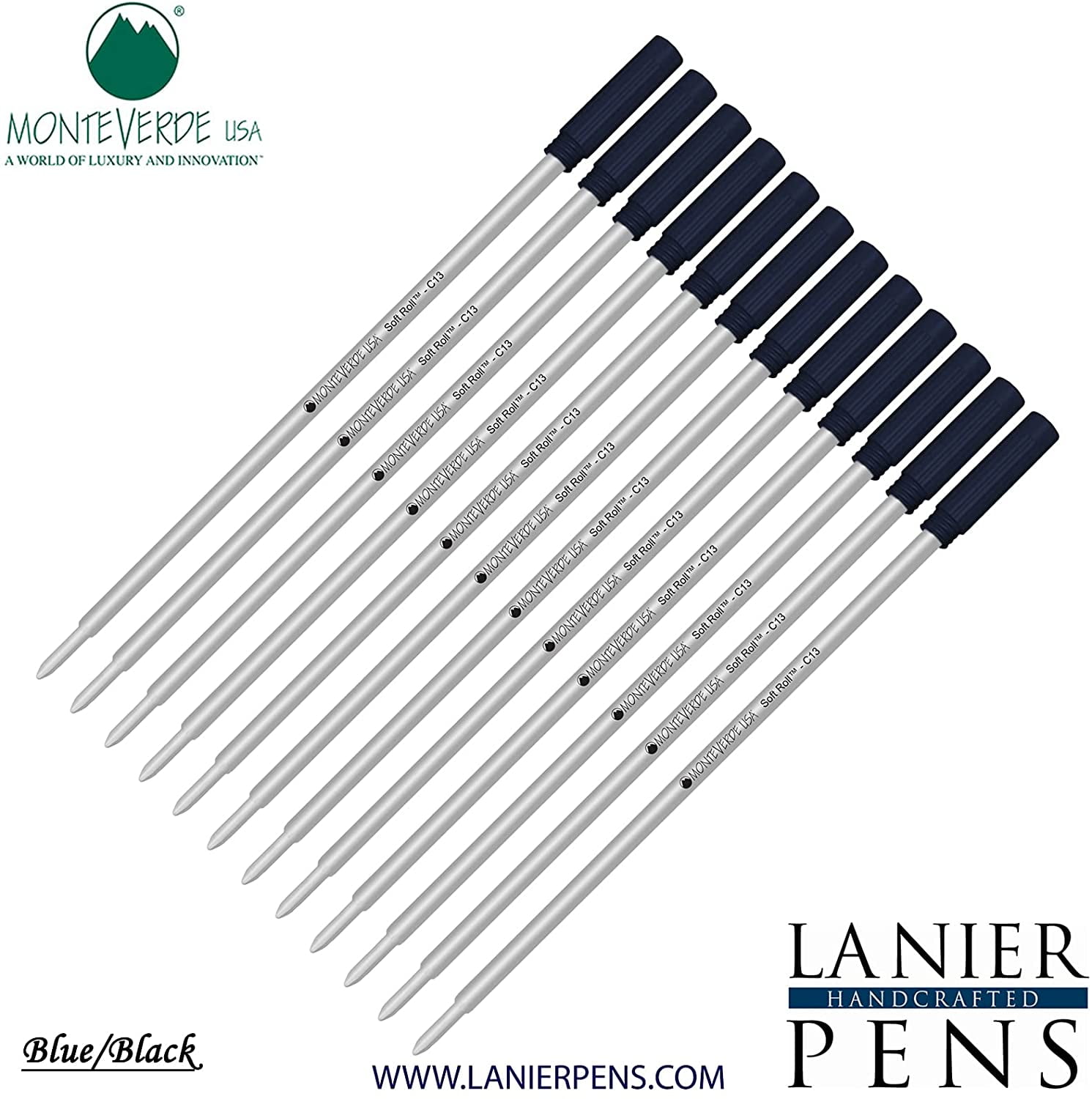 Lanier Combo Pack - 12 Pack - Monteverde Soft Roll Ballpoint C13 Paste Ink Refill Compatible with most Cross Style Ballpoint Pens - BlueBlack (Medium Tip 0.7mm)