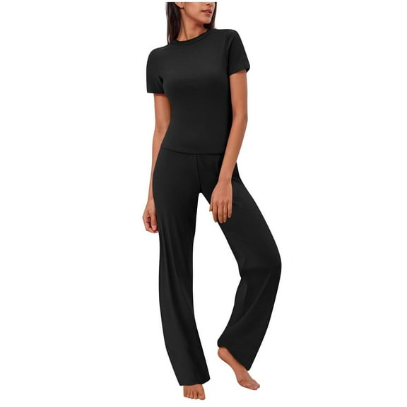 Women's 2 Piece Outfits Slim Round Neck Short Sleeve Crop Tops High Waisted Wide Leg Pants Casual Matching Sets