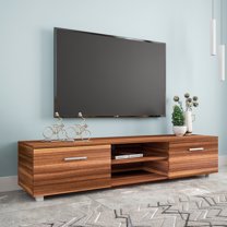 TV Stand for TVs up to 70 inch, SYNGAR Modern TV Cabinet with Double Doors and 2-Tier Open Shelves, Wood Entertainment Center TV Stand, Media Center Table for Living Room, Bedroom, Walnut, D4648