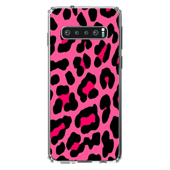 DistinctInk Clear Shockproof Hybrid Case for Samsung Galaxy S10  PLUS(6.4" Screen) - TPU Bumper, Acrylic Back, Tempered Glass Screen Protector - Hot Pink Black Leopard Skin Spots