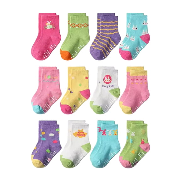 Splozh Little Girls Organic Cotton Socks 12PC Children's Socks Comfortable Soft Fashion Cute Cartoon Children's Floor Socks Purple,5-7 Years