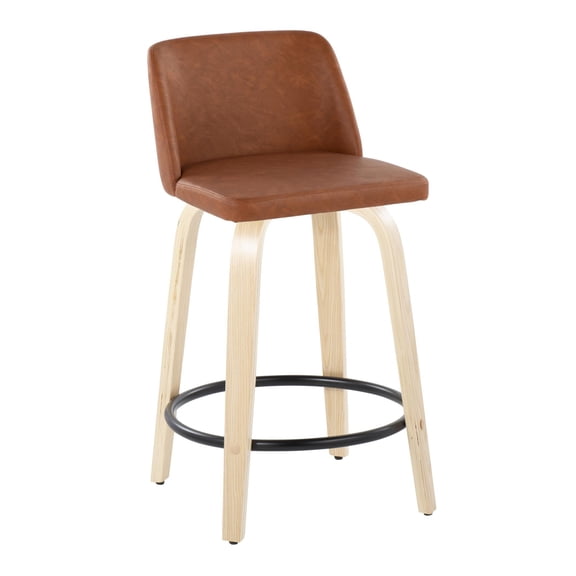 Carson Carrington Vallberga 24" Counter Stool with Natural Wood Base (Set of 2) Camel Faux Leather/Round Black Footrest Black Finish, Natural Finish