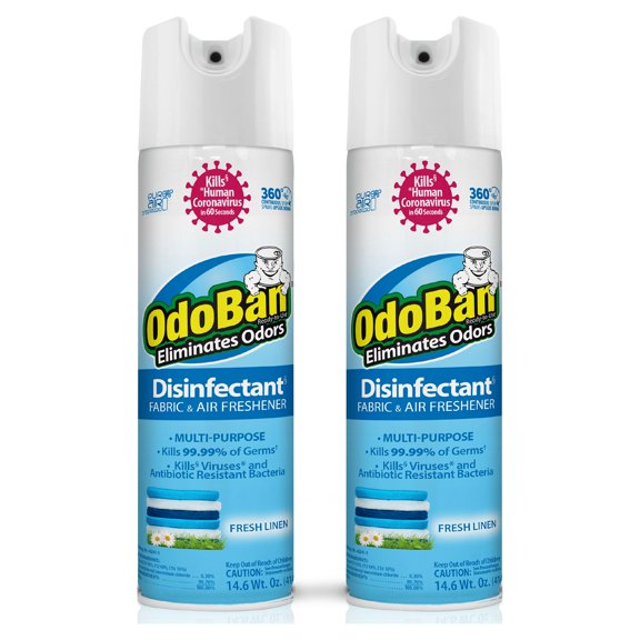 OdoBan Ready-to-Use 360-Degree Continuous Spray Disinfectant and Harsh Aroma Eliminator, Fabric and Air Freshener, 2 Pack, 14.6 Ounces Each, Fresh Linen Scent