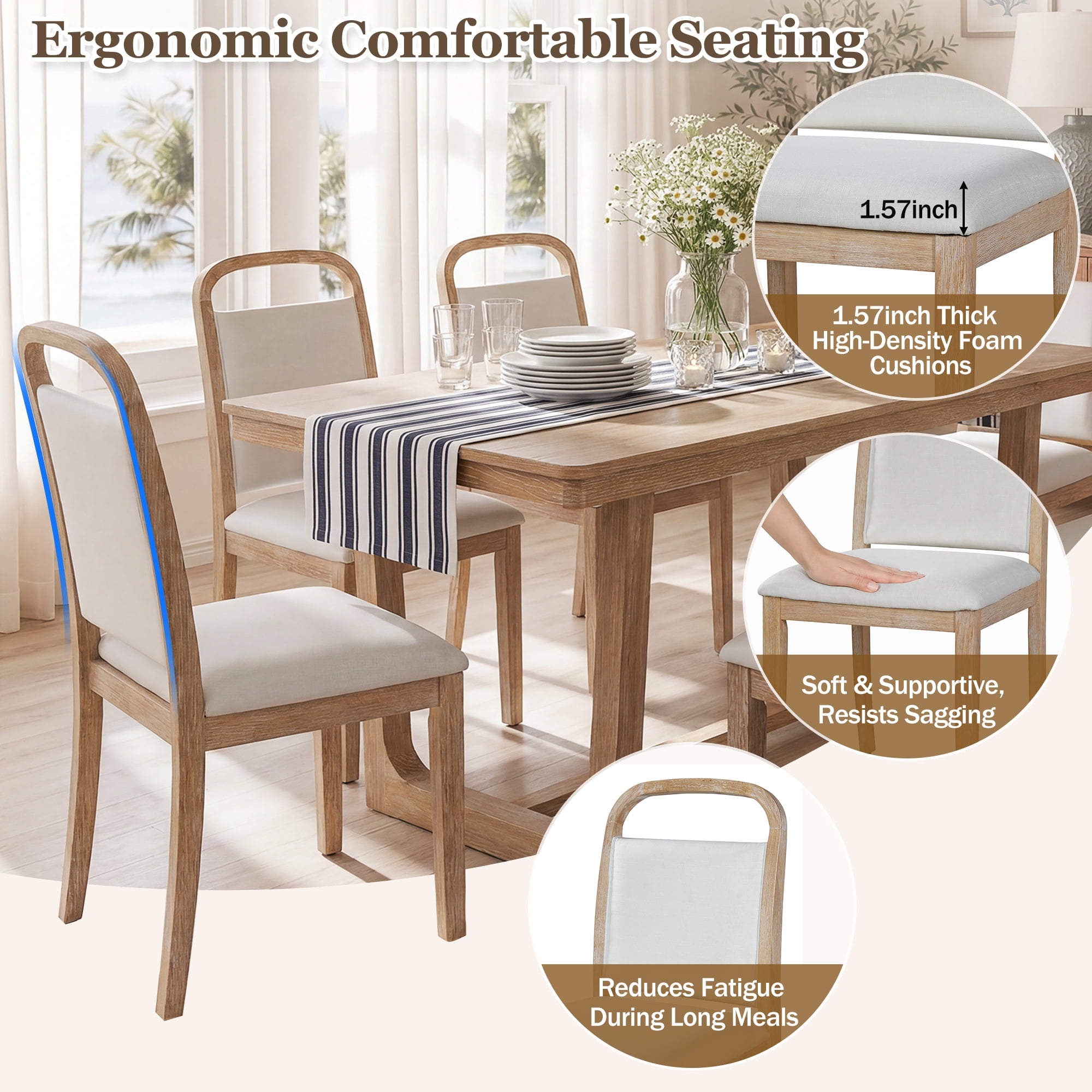 Euroco Farmhouse 6-Piece Dining Table Set for 6, Wood Rectangular Kitchen Table with 4 Upholstered Chairs & 1 Bench for Dining Room, Kitchen,Natural