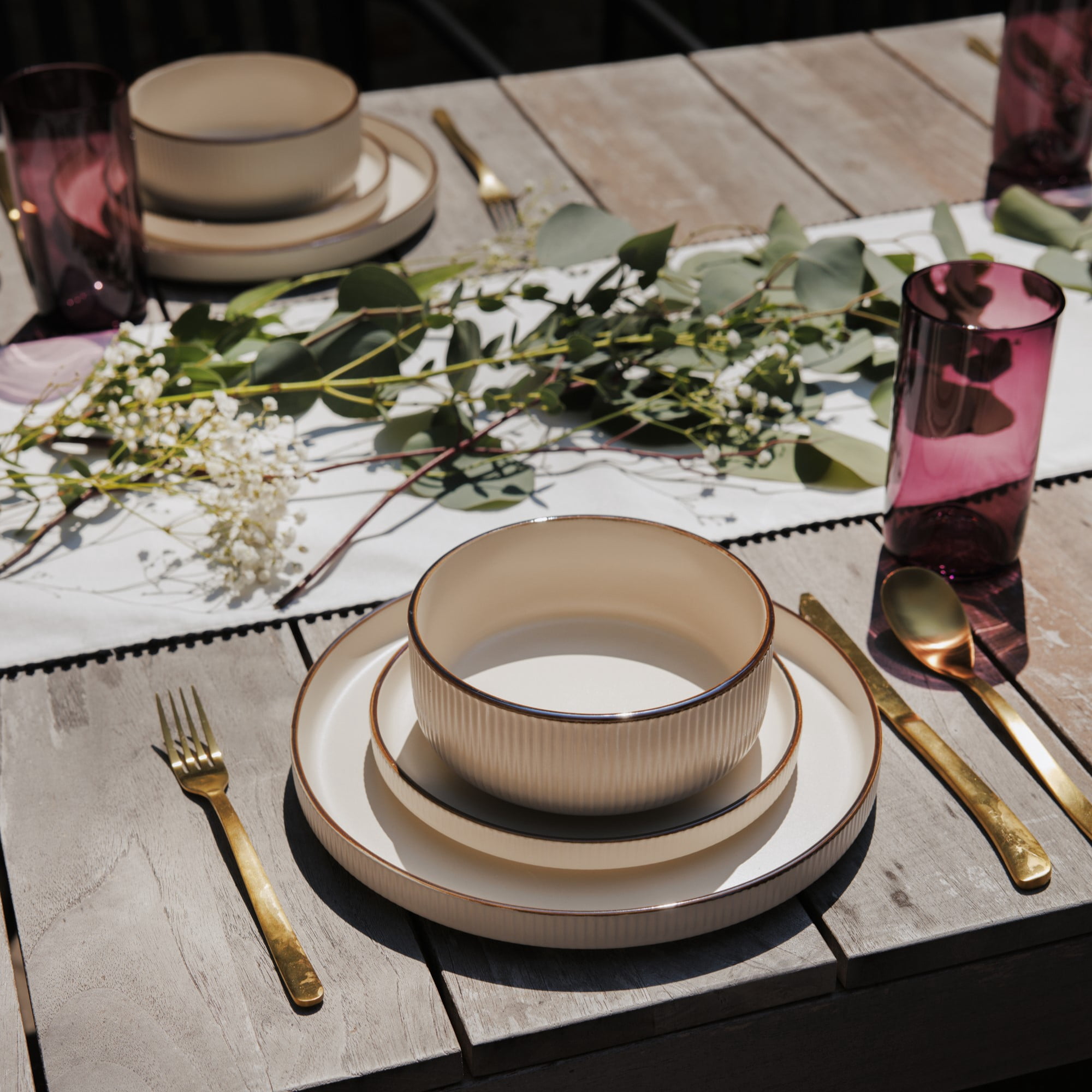 Thyme & Table 12-Piece Cream Ribbed Stoneware Dinnerware Set, Aden Collection