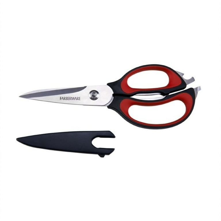 Farberware 4 in 1 Ultimate Stainless Steel Scissors with Blade Cover, Red  and Black Handle 