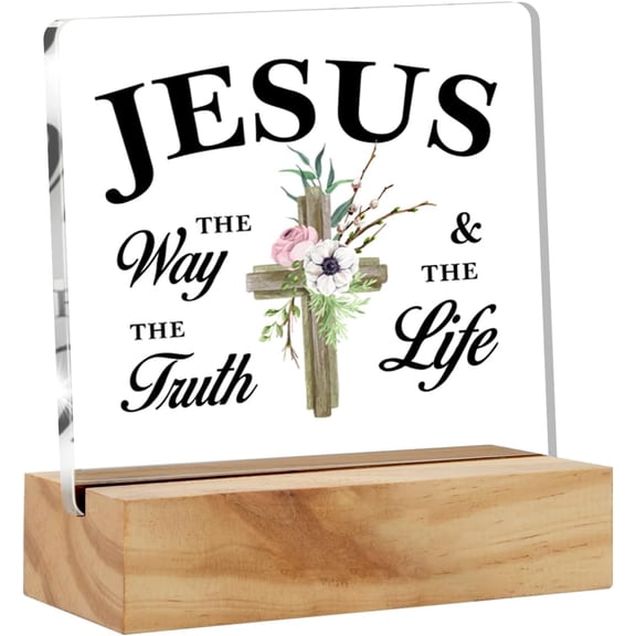 Christian Gifts for Women Her, Jesus the Way the Truth and the Life Clear Desk Sign Floral Cross Scriptures Acrylic Sign 4x4 Inch