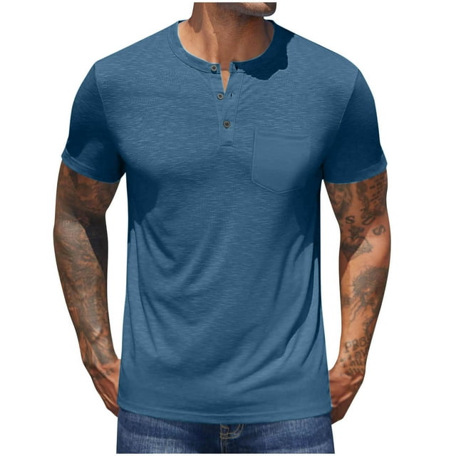Besolor Men's Short Sleeve T-Shirt Classic Crew Neck Button Casual Solid Color Summer Basic Tees Shirt