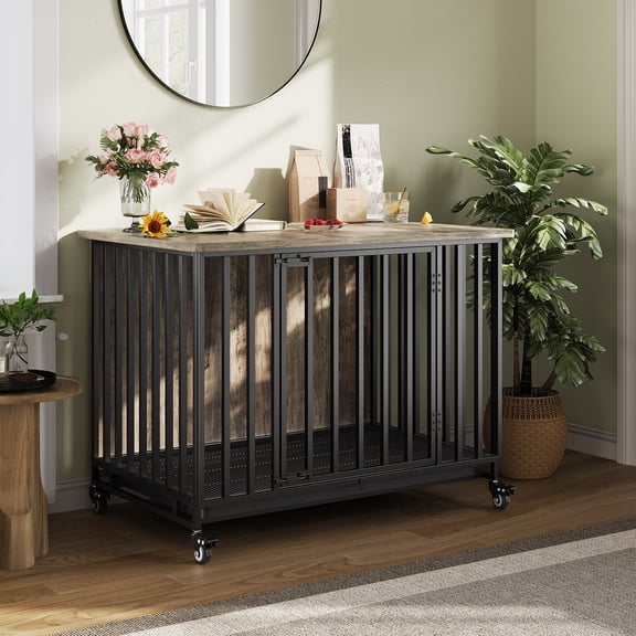 Heavy Duty Wooden Dog Crate Furniture - 39'' Indoor Pet Kennel End Table with Removable Tray, Lockable Wheels, Decorative Black & Rustic Grey for Small, Medium, Large Breeds - Model NPTT-TM03