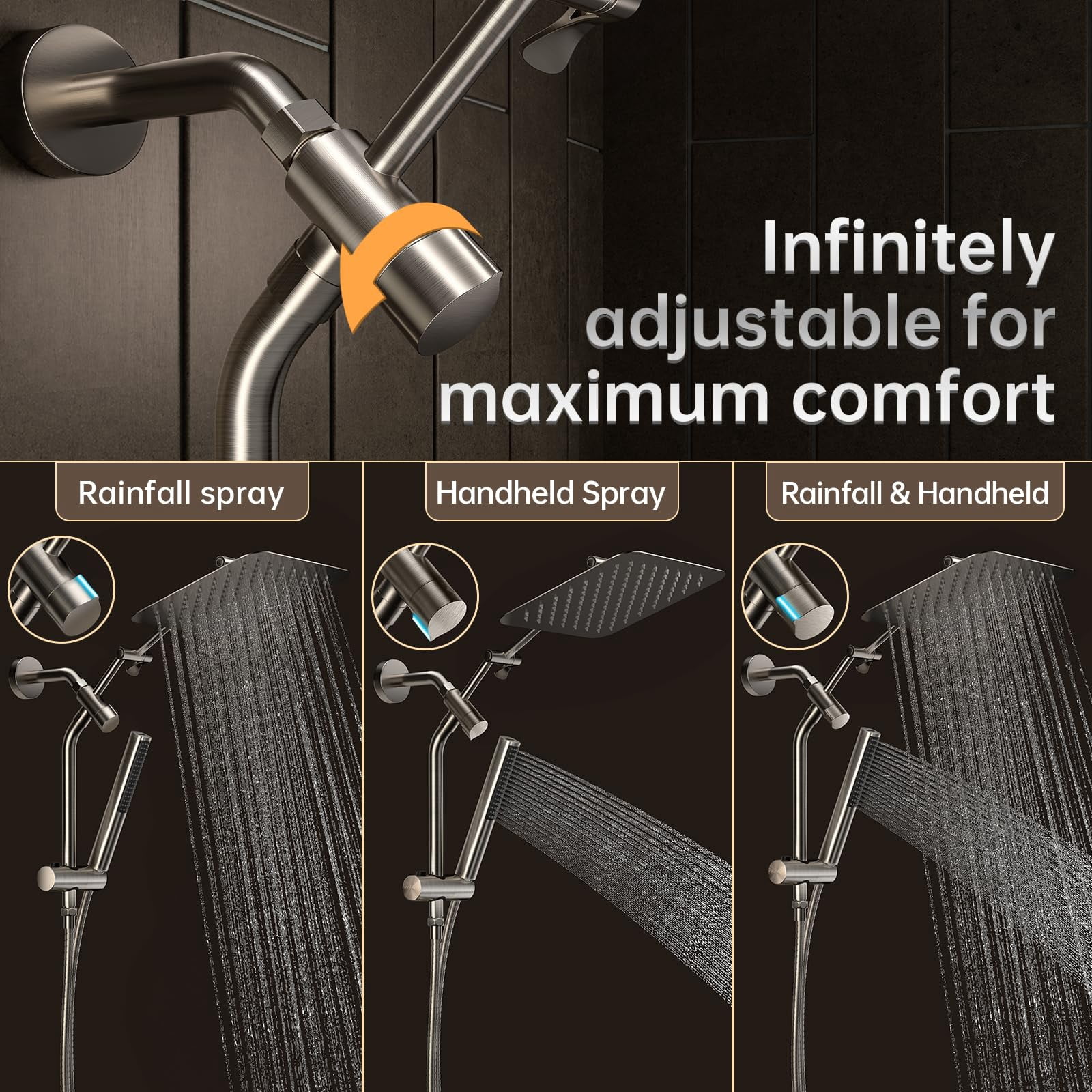 10" Luxurious Brushed Nickel All Metal Rain Shower Head With Handheld Spray Combo  High Rainfall Square Heads Extension Arm Wide Dual Showerhead Bathroom Accessories