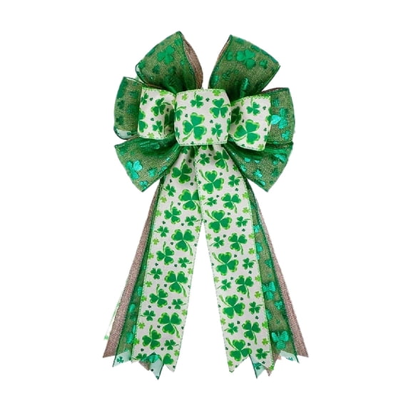 Green St Patricks Day Ribbon Bow With Shamrock Print For Holiday Party Decor Gift Box Or Fireplace Mantel