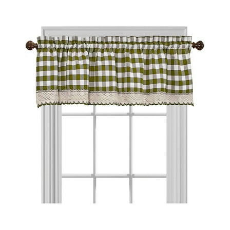 Gingham Plaid Window Curtain Valance Treatment with Macrame Trim - Sage