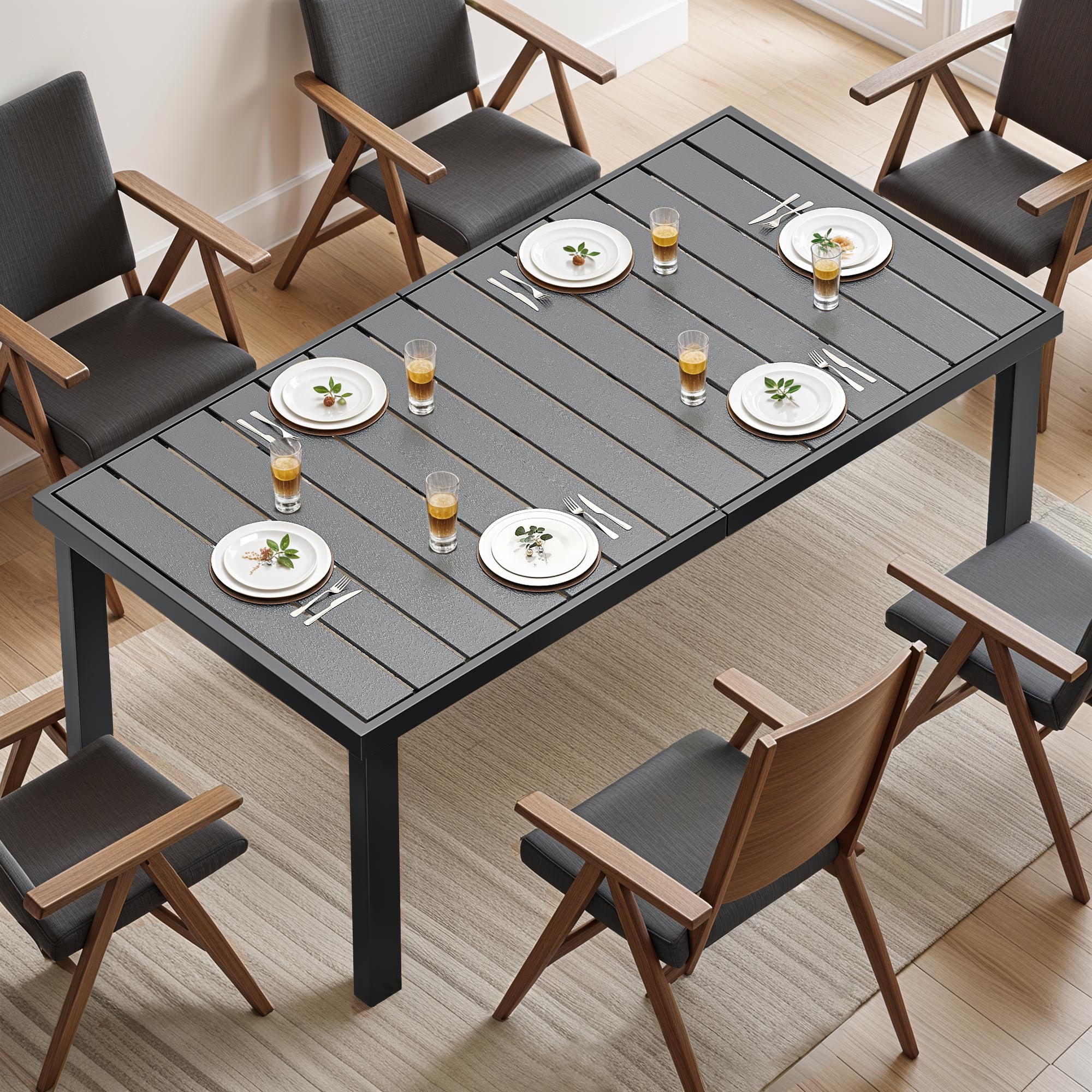 Uforic Patio Dining Table, Rectangular Table for 6, Rust-Resistant Table for Outdoor, Black