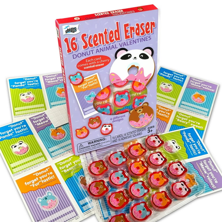 Scented Donut Eraser, 16 Classroom Valentine Exchange Cards