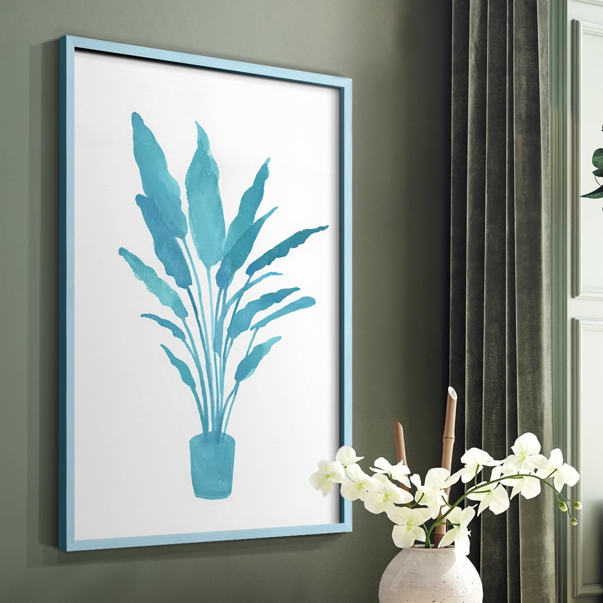Watercolor House Plant I Framed Print in Blue Solid Wood 8 x 10 Framed Print