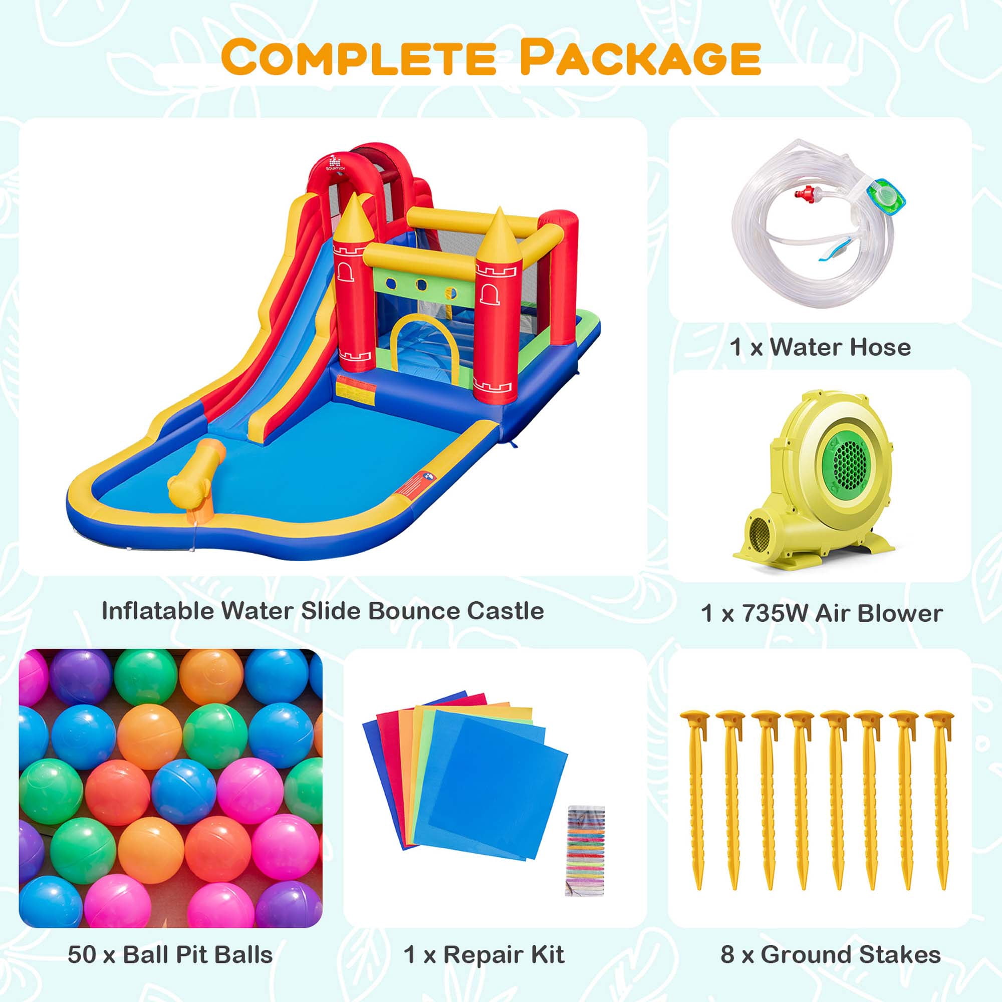 Costway 9-in-1 Inflatable Bounce Castle with Waterslide Splash Pool for 3+ with 735W Blower