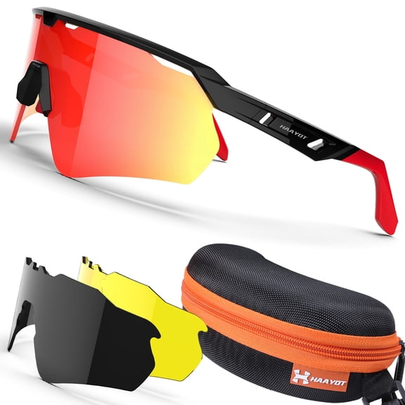 Black Sport Cycling Glasses for Men and Women, Big Frame Sunglasses with 3 Interchangeable Polarized Lenses, UV400 Protection for Running, Hiking and Outdoor Sports
