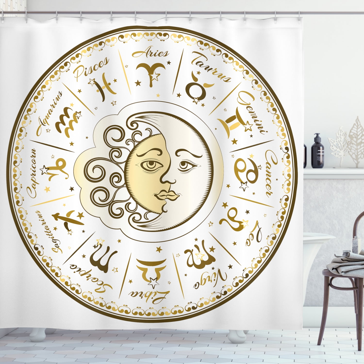 Zodiac Decor Shower Curtain, Circular Zodiac Chart Apparent Position of