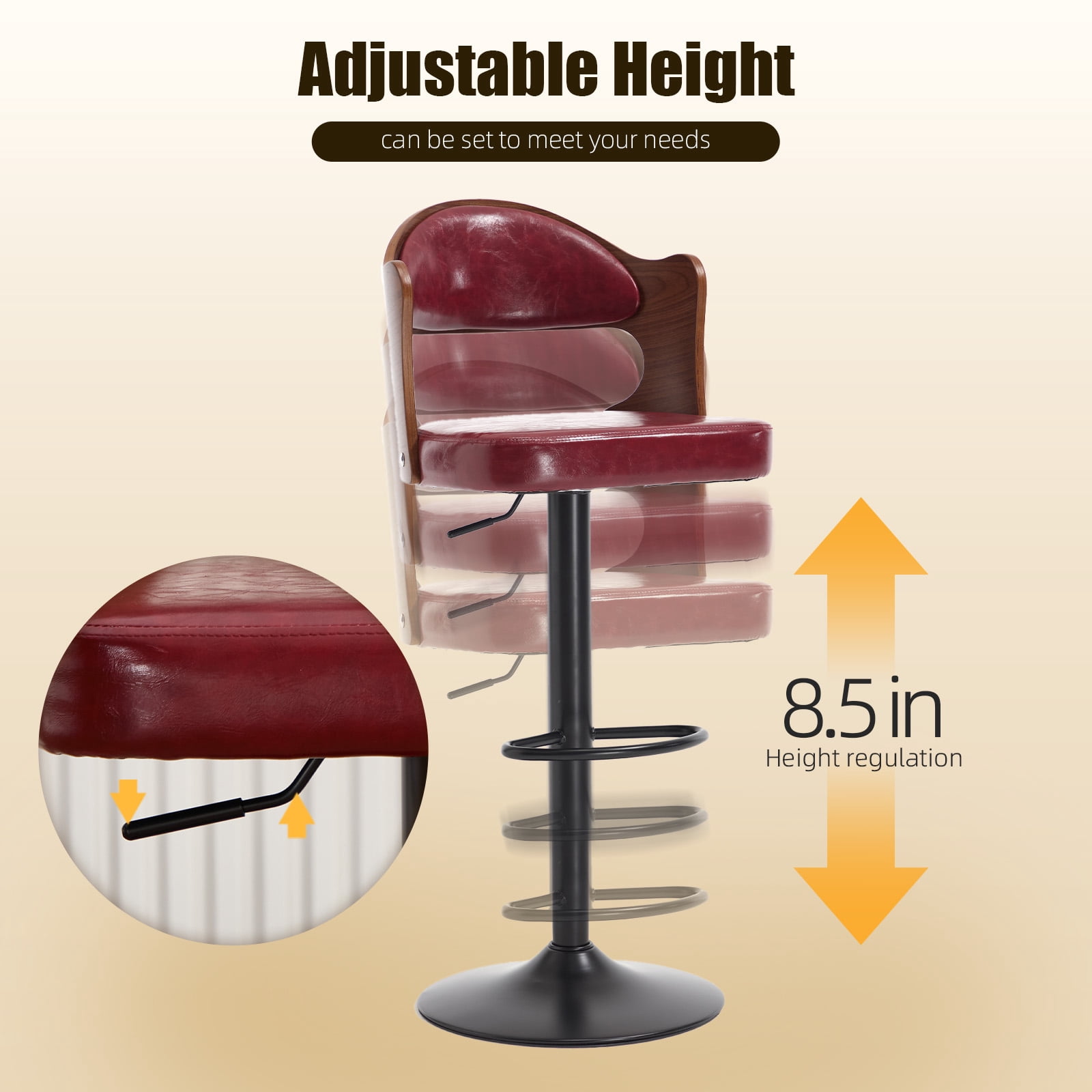 MOONMISS Swivel Bar Stools Set of 2, Wooden Kitchen Bar Chairs with Back, PU Leather Counter Height Barstools for Kitchen Island,Wine Red