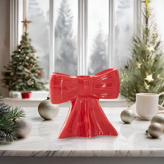 ACDANC Christmas Bow Candlestick Holders Ceramic Candle Holder,Hand Painted Christmas Ceramic Bow Scented Candle Holder,Vintage Candle Stand for Fireplace Home Wedding Party Anniversary Housewarming