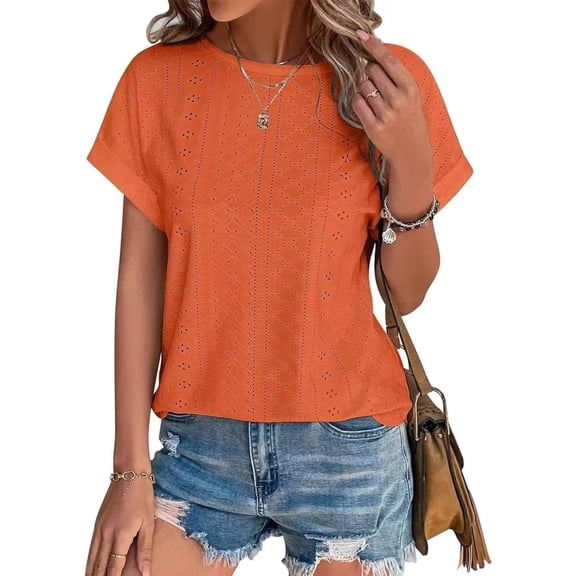 ATENAR T Shirts for Women Solid Shirts Crew Neck Short Sleeve Tops Orange XL