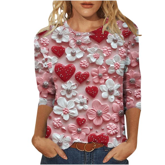 mihongmao Valentine Day Shirt for Women Round Neck Women Valentine's Day Flower Print Round Neck Three Quarter Sleeve 3/4 Sleeve T-shirt Loose Multicolor 4X