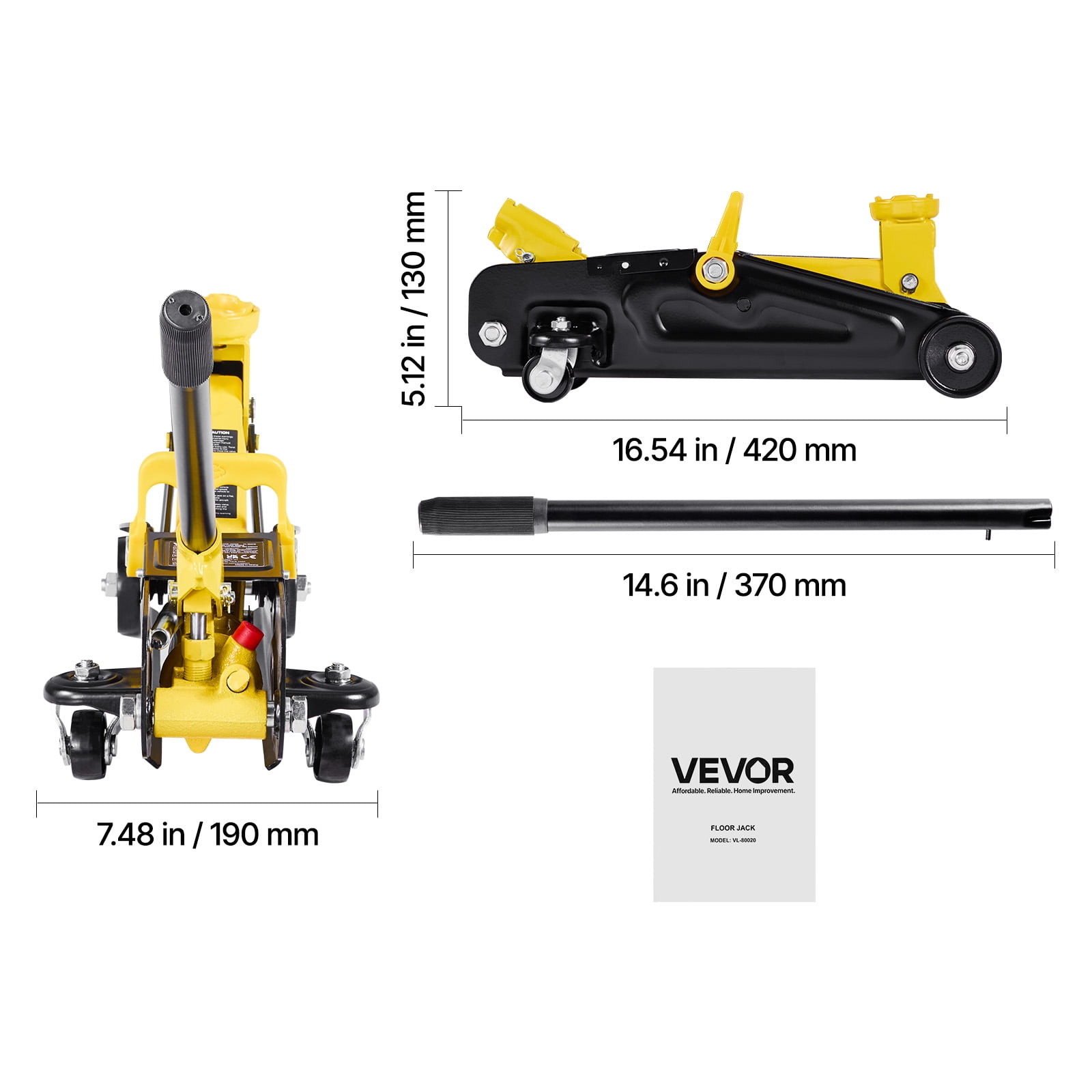 VEVOR Low Profile Floor Jack, 1.5 Ton (3300 lbs) Capacity, Steel Racing Floor Jack with Single Piston Quick Lift Pump, Hydraulic Trolley Car Lift for Sports Cars, Sedans, Lifting Range 5.1-12.2Inches