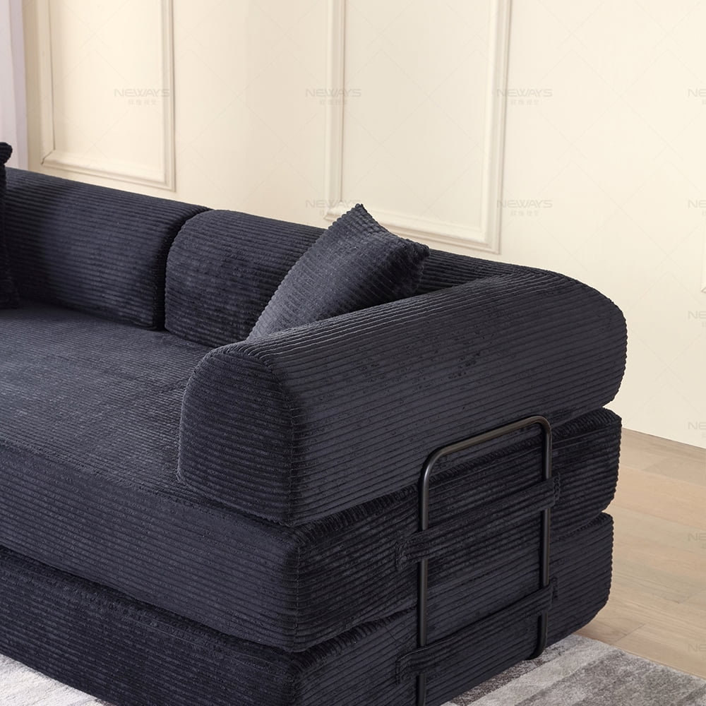 Miniyam 2 in 1 Black Sleeper Sofa Floor Couch with 2 Cylindrical Pillow Cloud Corduroy Foldable Mattress Couch with Fixed-Shape Frame 3 Seat, 78 W x 35.4 L x 26.7 H
