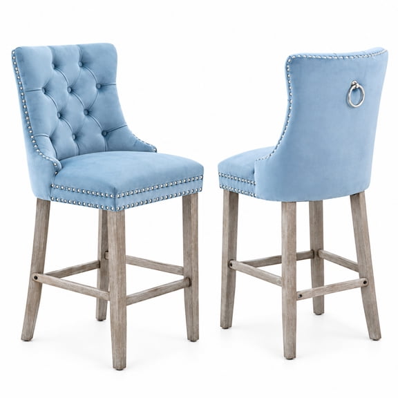 Legendstone Velvet Upholstered Bar Stools Set of 2, Button Tufted Bar Chairs with Nailhead Trim, Wooden Legs, Kitchen Island & Dining Counter Stools, Light Blue