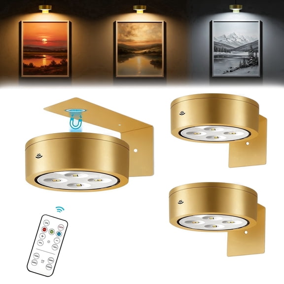 3 Pack Picture Lights for Wall, Battery Powered Wireless Picture Lights with Remote Support 3 Color Temp for Artwork Painting Portrait Photos Lighting, Wall Decorations (Gold)