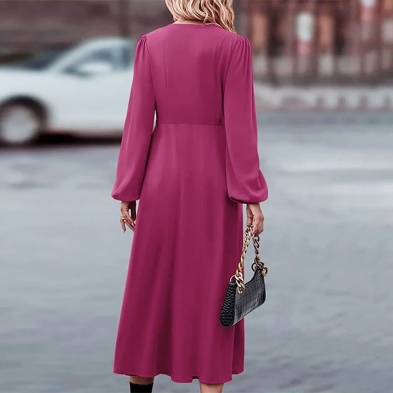 XVJRHAK Women Summer Dresses Womens Elegant V Neck Long Sleeve High Waist  Vintage Wedding Guest Cocktail Party Swing A Line Midi Dresses  Mid-Length(Hot Pink,L) - Walmart.com