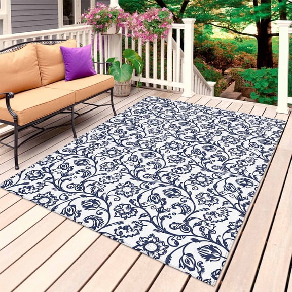 Navy Blue Floral Outdoor Rug for Patio/Deck/Porch, Non-Slip Large Area Rug 5 x 7 Ft, Vintage Art Flowers Pattern Indoor Outdoor Rugs Washable Area Rugs, Reversible Camping Rug Carpet Runner