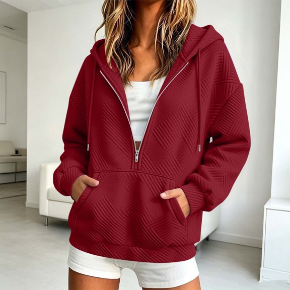 Trikvn Women's Quarter Zip Pullover Hoodie Textured Long Sleeve Sweatshirt Casual Drop Shoulder Hooded Tops with Kangaroo Pocket Fall Fashion Athletic Wear