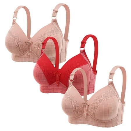 Clearance TOUMENY Underwire Bras for Women Nude Bra 3PC Women Plus Size Lace Stitching Plaid Printing Non-Steel Ring Non-Magnetic Buckle Underwear Bra