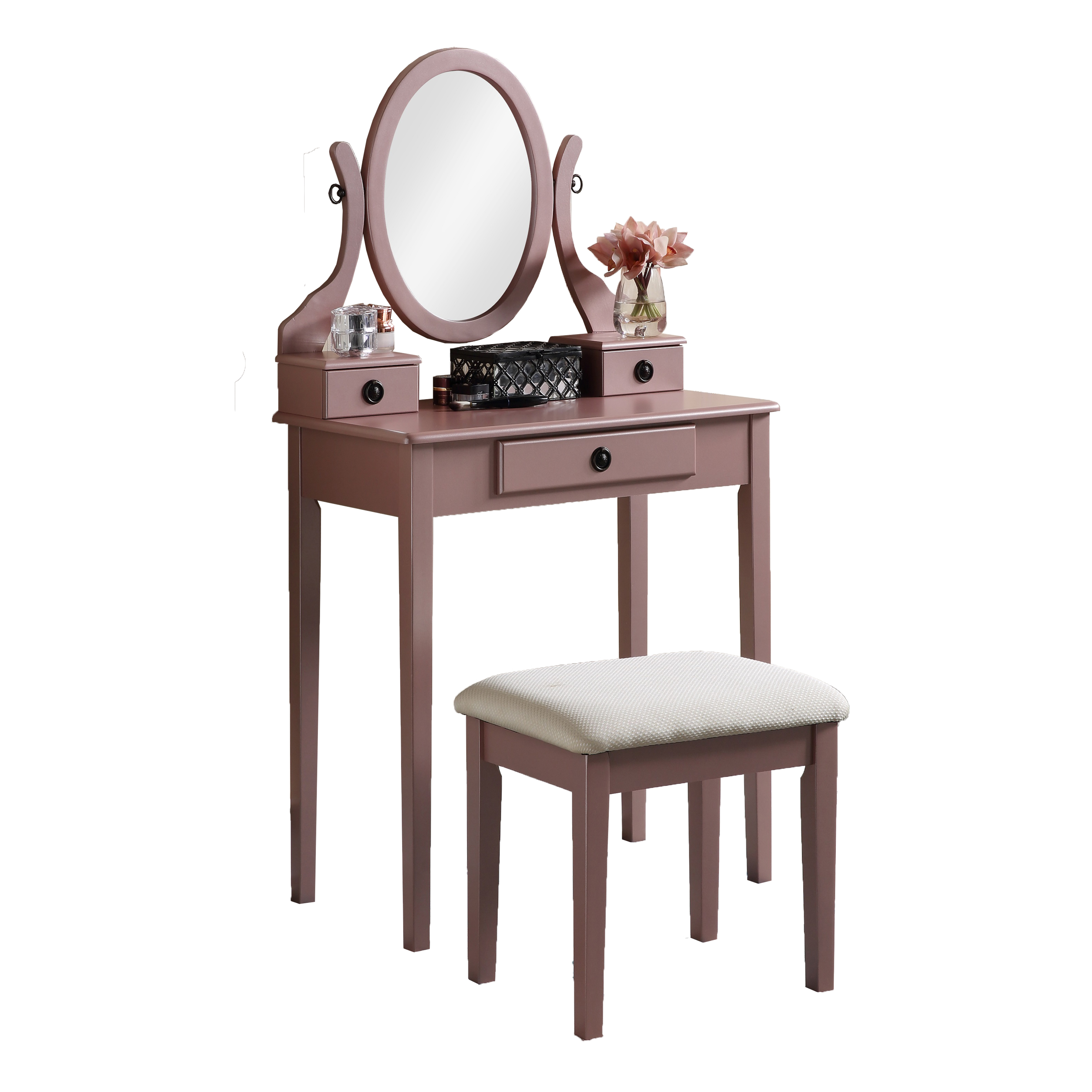 Mintazer Vanity Table Set with Adjustable Oval Mirror & Cushioned Stool, Makeup Dressing Table with 3 Drawer for Bedroom, Rose Gold