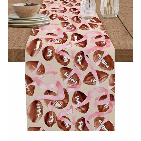 Pink Ribbon Football Table Runner 72 Inches, Vintage Modern Game Ball Watercolor Bed Runner Dresser Scarves Tabletop for Indoor Outdoor Parties/Ceremony/Banquet, 18" x 72"