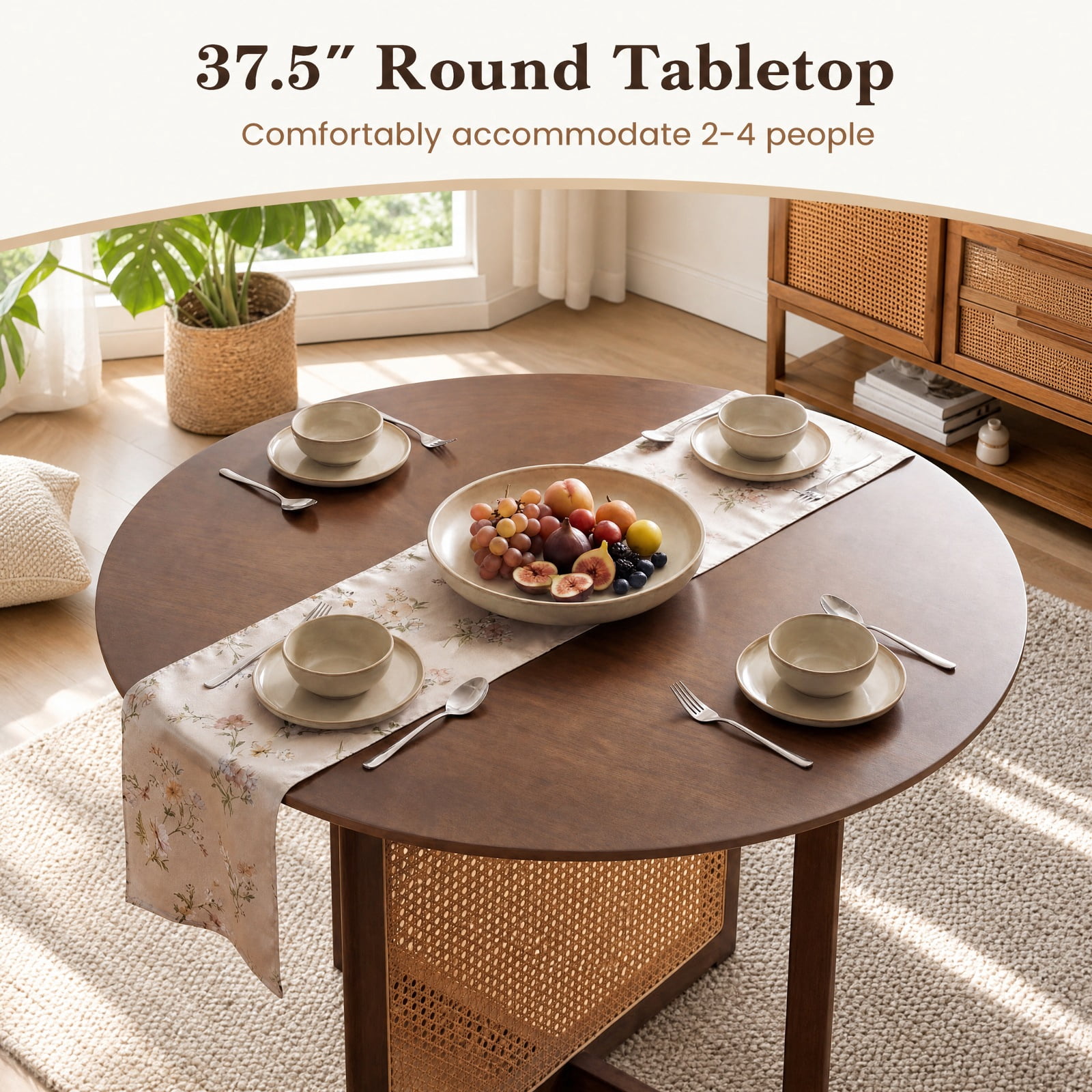 Furnibear 37 Inch Round Dining Table for 4 with Cross Pedestal Base and Rattan Accent for Kitchen and Breakfast Nook, Walnut