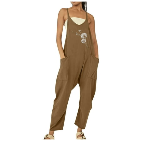 

Loose Jumpsuits for Women Women s Fashionable Solid Color Dandelion Print Zippered Pocket Jumpsuit Romper Overalls Fashionable Sleeveless Rompers for Women 2024 High Waist Plus Comfy Romper Womens Ju
