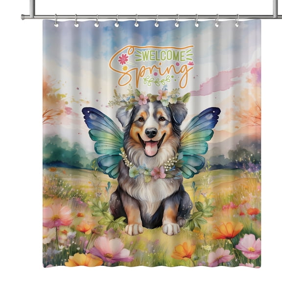 Welcome Spring Fairy Australian Shepherd in Flower Meadow Shower Curtain Aussie Dog Lover Gifts Waterproof Bathroom Bathtub Curtain - 13002